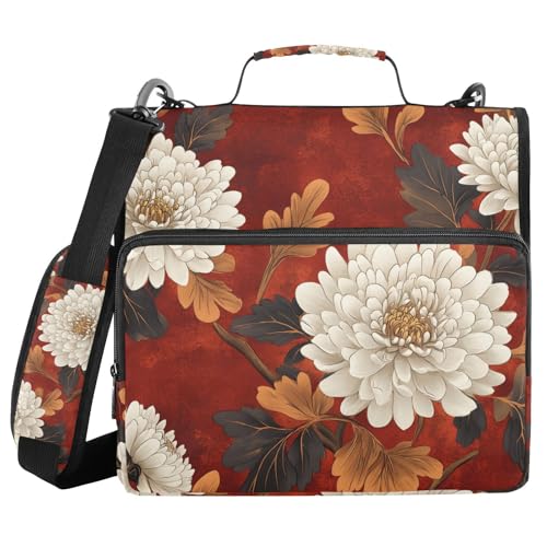 Quteprint Bindertasche mit Reißverschluss, weißes Chrysanthemenblatt-Muster, 3,8 cm, 3-Ringbuch und mehrere Taschen, 500 Blatt Kapazität, erweiterbarer Aktenordner mit Schultergurten und Griffen, für von Quteprint