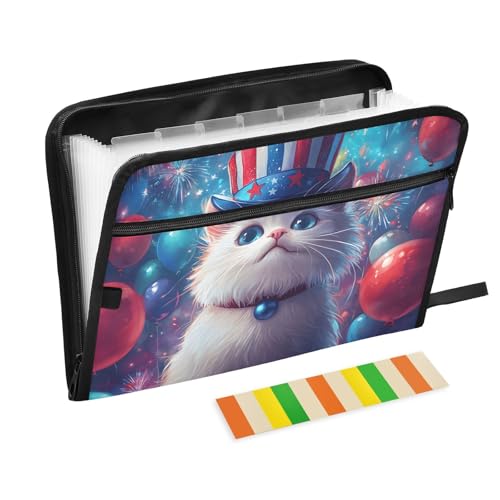 Quteprint Fächermappe mit 13 Fächern, mit Reißverschluss, 4. Juli, Katze, Luftballon, Feuerwerk, Akkordeon-Aktenordner mit Klebeetiketten, Briefform, A4-Papier, erweiterbarer Dokumenten-Organizer von Quteprint