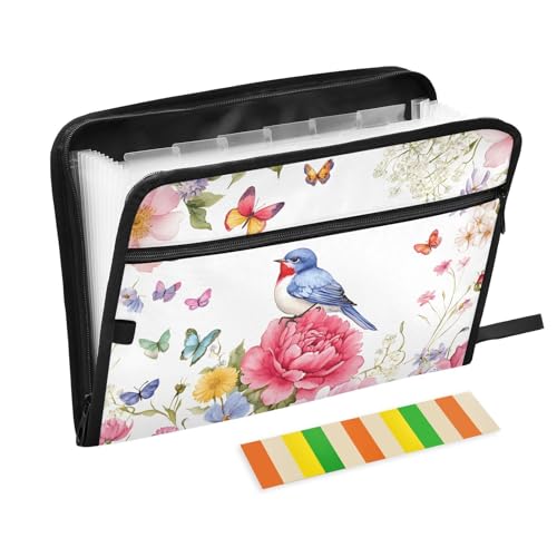 Quteprint Fächermappe mit 13 Fächern, mit Reißverschluss, Aquarell-Blumen, Vogel, Schmetterling, Akkordeon-Aktenordner mit Klebeetiketten, A4-Papier, erweiterbarer Dokumenten-Organizer von Quteprint
