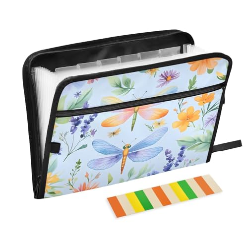 Quteprint Fächermappe mit 13 Fächern, mit Reißverschluss, Aquarell-Libellen und Blumen, Akkordeon-Aktenordner mit Klebeetiketten, A4-Papier, erweiterbarer Dokumenten-Organizer von Quteprint