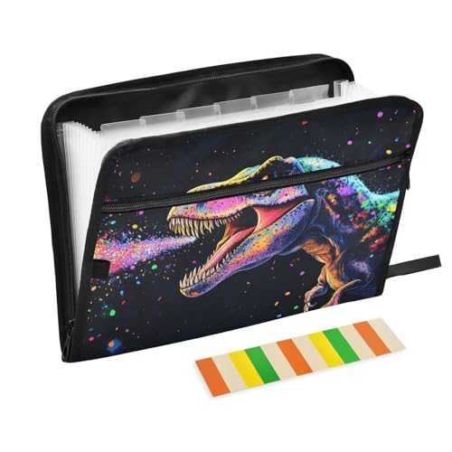 Quteprint Fächermappe mit 13 Fächern, mit Reißverschluss, Aquarell-Tier-Dinosaurier-Akkordeon-Aktenordner mit Klebeetiketten, A4-Papier, erweiterbarer Dokumenten-Organizer von Quteprint
