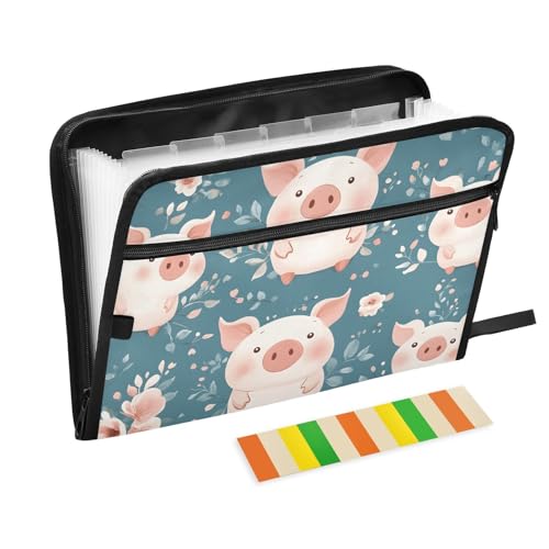 Quteprint Fächermappe mit 13 Fächern, mit Reißverschluss, Blumenmuster, niedliche Tierschweine, Akkordeon-Aktenordner mit Klebeetiketten, A4-Papier, erweiterbarer Dokumenten-Organizer von Quteprint