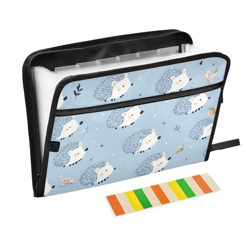 Quteprint Fächermappe mit 13 Fächern, mit Reißverschluss, Cartoon-Blätter, Igel, Akkordeon-Aktenordner mit Klebeetiketten, A4-Papier, erweiterbarer Dokumenten-Organizer von Quteprint