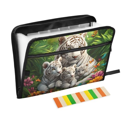 Quteprint Fächermappe mit 13 Fächern, mit Reißverschluss, Dschungel-Tiger, Schmetterling, Blume, Akkordeon-Aktenordner mit Klebeetiketten, A4-Papier, erweiterbarer Dokumenten-Organizer von Quteprint