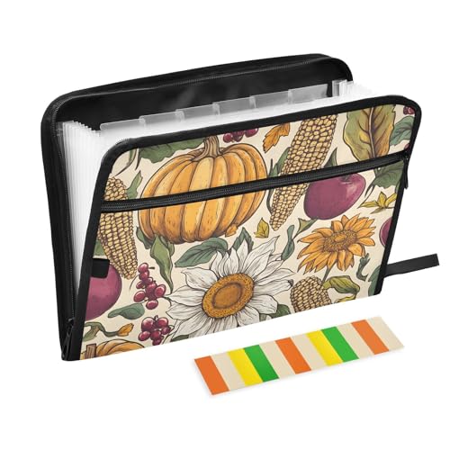 Quteprint Fächermappe mit 13 Fächern, mit Reißverschluss, Ernte-Kürbisse, Sonnenblumenkörner, Akkordeon-Aktenordner mit Klebeetiketten, A4-Papier, erweiterbarer Dokumenten-Organizer von Quteprint