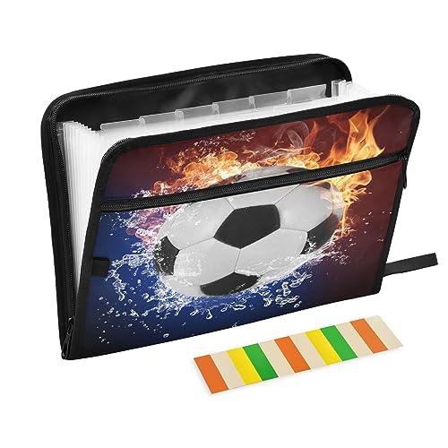 Quteprint Fächermappe mit 13 Fächern, mit Reißverschluss, Fußball in Feuerwasser, Akkordeon-Aktenordner mit Klebeetiketten, Briefgröße, A4-Papier, erweiterbarer Dokumenten-Organizer von Quteprint