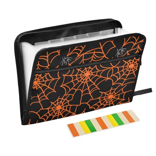 Quteprint Fächermappe mit 13 Fächern, mit Reißverschluss, Halloween-Spinnennetze, Akkordeon-Aktenordner mit Klebeetiketten, A4-Papier, erweiterbarer Dokumenten-Organizer von Quteprint