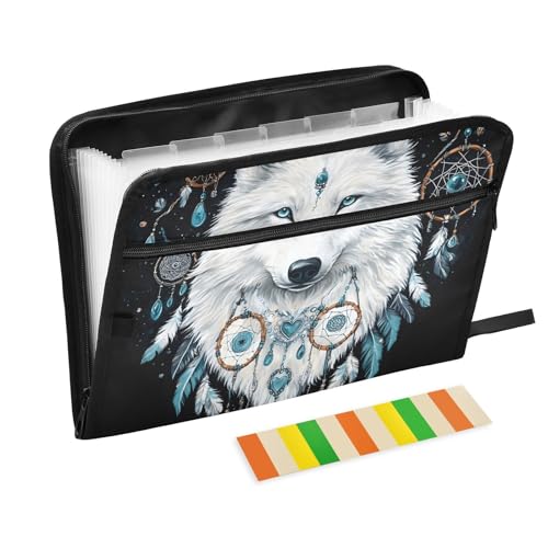 Quteprint Fächermappe mit 13 Fächern, mit Reißverschluss, Herzform, Boho-Federn, Wolf, Akkordeon-Aktenordner mit Klebeetiketten, Briefform, A4-Papier, erweiterbarer Dokumenten-Organizer von Quteprint