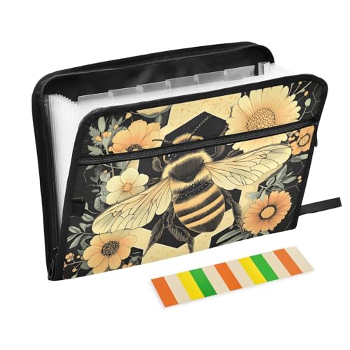 Quteprint Fächermappe mit 13 Fächern, mit Reißverschluss, Honigbiene, Blumen, Sechsecke, Akkordeon-Aktenordner mit Klebeetiketten, A4-Papier, erweiterbarer Dokumenten-Organizer von Quteprint