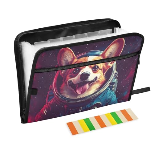Quteprint Fächermappe mit 13 Fächern, mit Reißverschluss, Hunde-Astronauten-Stern, Akkordeon-Aktenordner mit Klebeetiketten, A4-Papier, erweiterbarer Dokumenten-Organizer von Quteprint