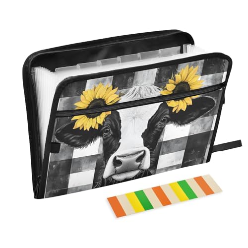 Quteprint Fächermappe mit 13 Fächern, mit Reißverschluss, Kuhblumen, Sonnenblumen, kariert, Akkordeon-Aktenordner mit Klebeetiketten, A4-Papier, erweiterbarer Dokumenten-Organizer von Quteprint