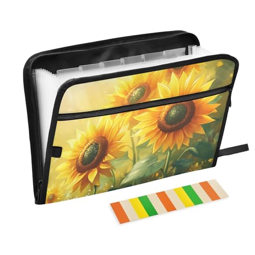 Quteprint Fächermappe mit 13 Fächern, mit Reißverschluss, Sommer-Sonnenblumen, Akkordeon-Aktenordner mit Klebeetiketten, A4-Papier, erweiterbarer Dokumenten-Organizer von Quteprint