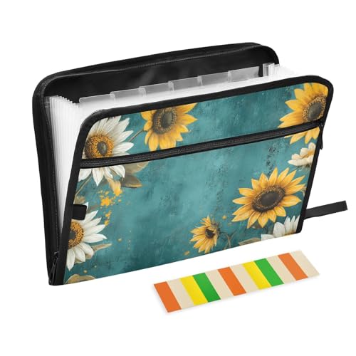 Quteprint Fächermappe mit 13 Fächern, mit Reißverschluss, Sommerblumen, Sonnenblumen, Kunst, Akkordeon-Aktenordner mit Klebeetiketten, A4-Papier, erweiterbarer Dokumenten-Organizer von Quteprint