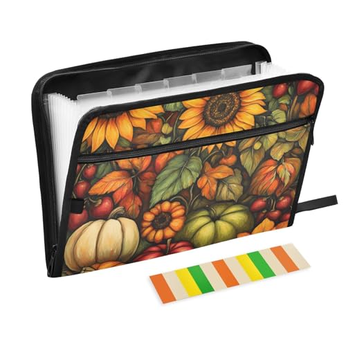 Quteprint Fächermappe mit 13 Fächern, mit Reißverschluss, Sonnenblumen-Äpfel, Kürbisernte, Akkordeon-Aktenordner mit Klebeetiketten, A4-Papier, erweiterbarer Dokumenten-Organizer von Quteprint