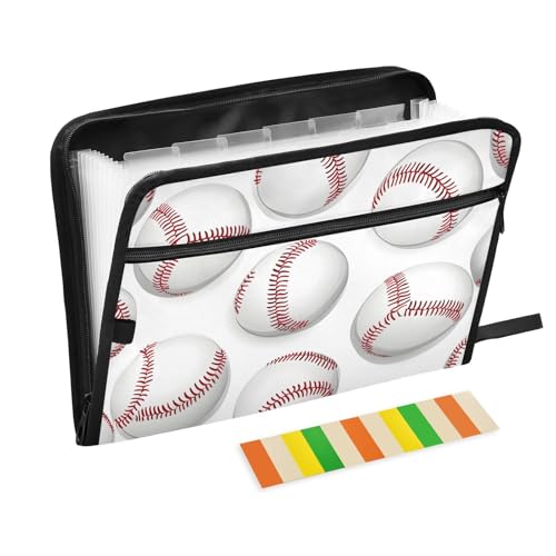 Quteprint Fächermappe mit 13 Fächern, mit Reißverschluss, Sport-Baseball-Muster, Akkordeon-Aktenordner mit Klebeetiketten, A4-Papier, erweiterbarer Dokumenten-Organizer von Quteprint