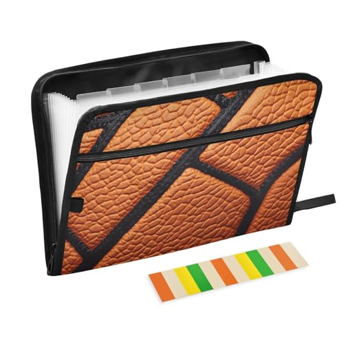 Quteprint Fächermappe mit 13 Fächern, mit Reißverschluss, Sport-Basketball-Textur, Akkordeon-Aktenordner mit Klebeetiketten, Briefform, A4-Papier, erweiterbarer Dokumenten-Organizer von Quteprint