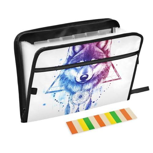 Quteprint Fächermappe mit 13 Fächern, mit Reißverschluss, Tierwolf, Boho-Traumfänger, Akkordeon-Aktenordner mit Klebeetiketten, A4-Papier, erweiterbarer Dokumenten-Organizer von Quteprint