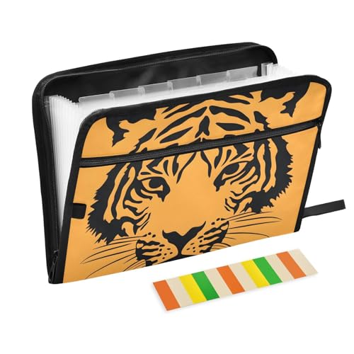 Quteprint Fächermappe mit 13 Fächern, mit Reißverschluss, Tigerstreifenmuster, orangefarbenes Akkordeon-Aktenordner mit Klebeetiketten, A4-Papier, erweiterbarer Dokumenten-Organizer von Quteprint