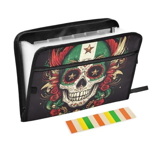 Quteprint Fächermappe mit 13 Fächern, mit Reißverschluss, Totenkopf-Blume, mexikanische Flagge, Akkordeon-Aktenordner mit Klebeetiketten, A4-Papier, erweiterbarer Dokumenten-Organizer von Quteprint