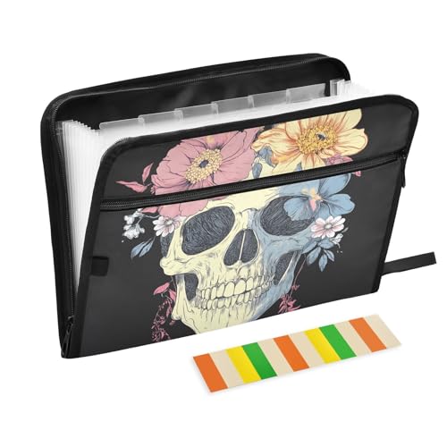 Quteprint Fächermappe mit 13 Fächern, mit Reißverschluss, Totenkopf-Blumen, Akkordeon-Aktenordner mit Klebeetiketten, A4-Papier, erweiterbarer Dokumenten-Organizer von Quteprint