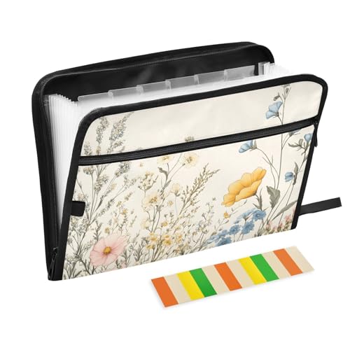 Quteprint Fächermappe mit 13 Fächern, mit Reißverschluss, Vintage-Wildblumenkräuter, Akkordeon-Aktenordner mit Klebeetiketten, A4-Papier, erweiterbarer Dokumenten-Organizer von Quteprint