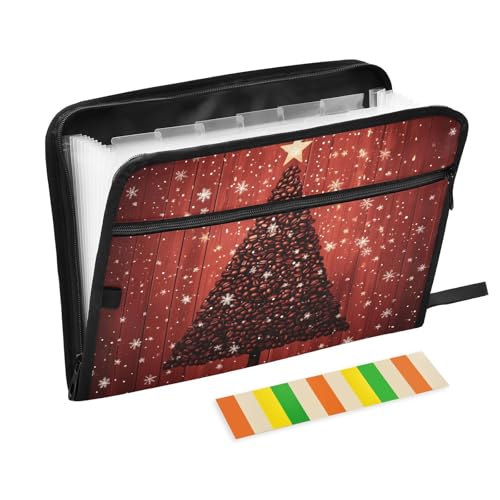 Quteprint Fächermappe mit 13 Fächern, mit Reißverschluss, Weihnachts-Kaffeebohnen, Baum, Akkordeon-Aktenordner mit Klebeetiketten, Briefform, A4-Papier, erweiterbarer Dokumenten-Organizer von Quteprint