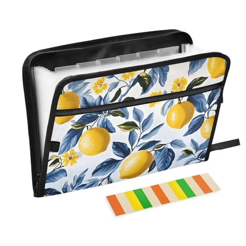 Quteprint Fächermappe mit 13 Fächern, mit Reißverschluss, Zitronenblumen, Baumzweig, Akkordeon-Aktenordner mit Klebeetiketten, A4-Papier, erweiterbarer Dokumenten-Organizer von Quteprint