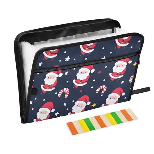Quteprint Fächermappe mit 13 Fächern, mit Reißverschluss, Zuckerstange, Weihnachtsmann, Akkordeon-Aktenordner mit Klebeetiketten, A4-Papier, erweiterbarer Dokumenten-Organizer von Quteprint