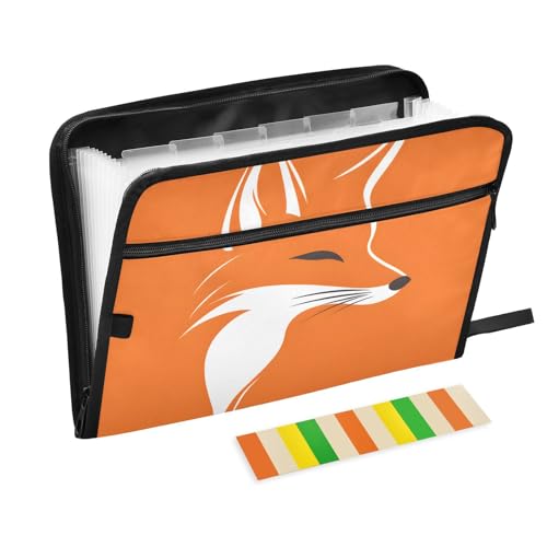 Quteprint Fächermappe mit 13 Fächern, mit Reißverschluss, abstraktes Tier-Fuchs-Akkordeon-Aktenordner mit Klebeetiketten, A4-Papier, erweiterbarer Dokumenten-Organizer von Quteprint