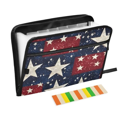 Quteprint Fächermappe mit 13 Fächern, mit Reißverschluss, amerikanische Flagge, Sterne, Akkordeon-Aktenordner mit Klebeetiketten, A4-Papier, erweiterbarer Dokumenten-Organizer von Quteprint