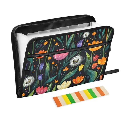 Quteprint Fächermappe mit 13 Fächern, mit Reißverschluss, bunte Löwenzahn, Blumen, Tulpen, Akkordeon-Aktenordner mit Klebeetiketten, A4-Papier, erweiterbarer Dokumenten-Organizer von Quteprint