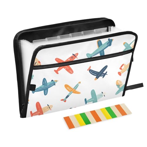 Quteprint Fächermappe mit 13 Fächern, mit Reißverschluss, buntes Cartoon-Flugzeug, Akkordeon-Aktenordner mit Klebeetiketten, A4-Papier, erweiterbarer Dokumenten-Organizer von Quteprint