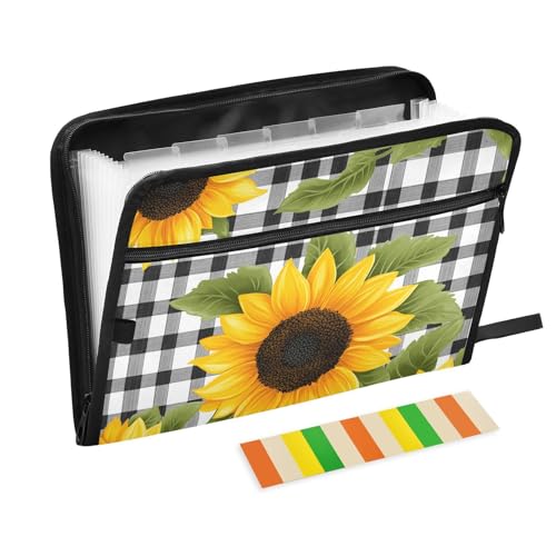 Quteprint Fächermappe mit 13 Fächern, mit Reißverschluss, florales Sonnenblumen-Karomuster, Akkordeon-Aktenordner mit Klebeetiketten, A4-Papier, erweiterbarer Dokumenten-Organizer von Quteprint