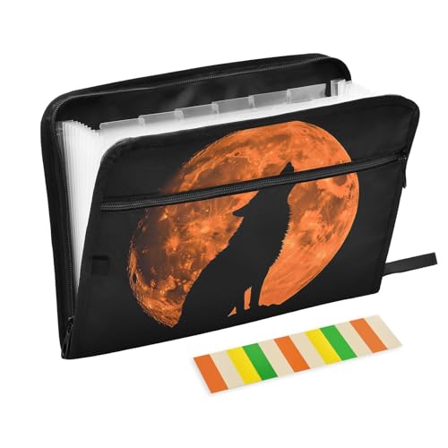 Quteprint Fächermappe mit 13 Fächern, mit Reißverschluss, heulender Wolf, Tiermond, Akkordeon-Aktenordner mit Klebeetiketten, A4-Papier, erweiterbarer Dokumenten-Organizer von Quteprint