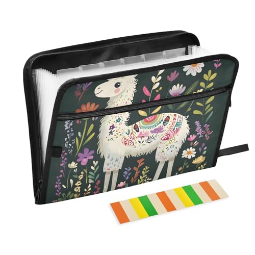 Quteprint Fächermappe mit 13 Fächern, mit Reißverschluss, niedliche Alpaka-Blumen und Blätter, Akkordeon-Aktenordner mit Klebeetiketten, A4-Papier, erweiterbarer Dokumenten-Organizer von Quteprint