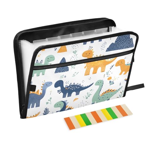 Quteprint Fächermappe mit 13 Fächern, mit Reißverschluss, niedliche Dinosaurier, verspielter Dino-Akkordeon-Aktenordner mit Klebeetiketten, A4-Papier, erweiterbarer Dokumenten-Organizer von Quteprint