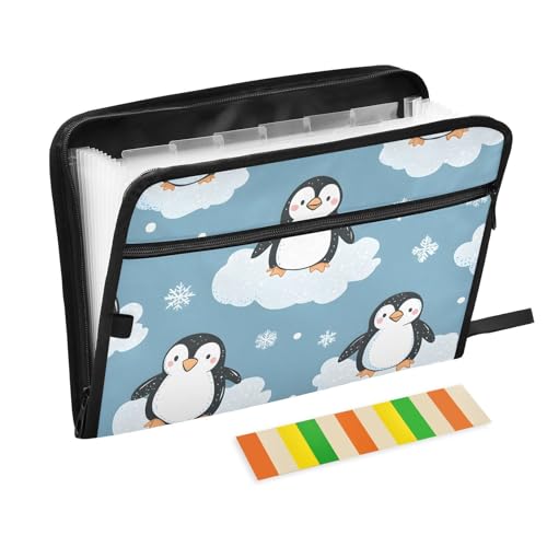Quteprint Fächermappe mit 13 Fächern, mit Reißverschluss, niedliche Pinguine, Wolken, Schneeflocken, Akkordeon-Aktenordner mit Klebeetiketten, A4-Papier, erweiterbarer Dokumenten-Organizer von Quteprint