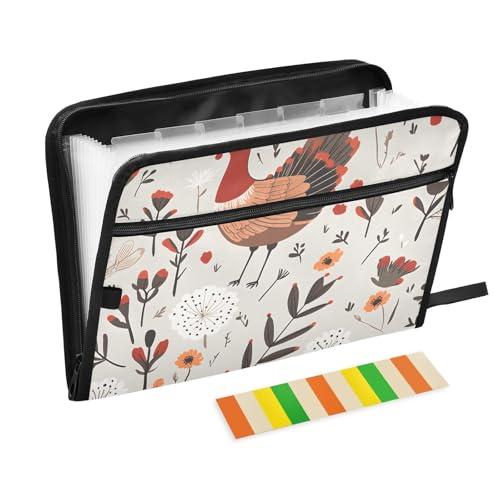 Quteprint Fächermappe mit 13 Fächern, mit Reißverschluss, niedliche Truthahnblätter, Blumen, Akkordeon-Aktenordner mit Klebeetiketten, A4-Papier, erweiterbarer Dokumenten-Organizer von Quteprint