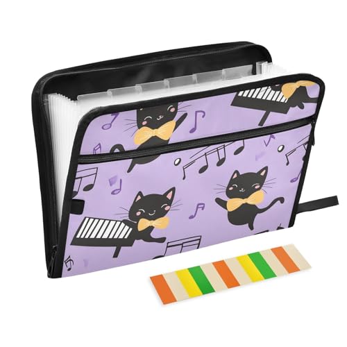 Quteprint Fächermappe mit 13 Fächern, mit Reißverschluss, niedliche schwarze Katzen, Musik, Klavier, Akkordeon, Aktenordner mit Klebeetiketten, A4-Papier, erweiterbarer Dokumenten-Organizer von Quteprint