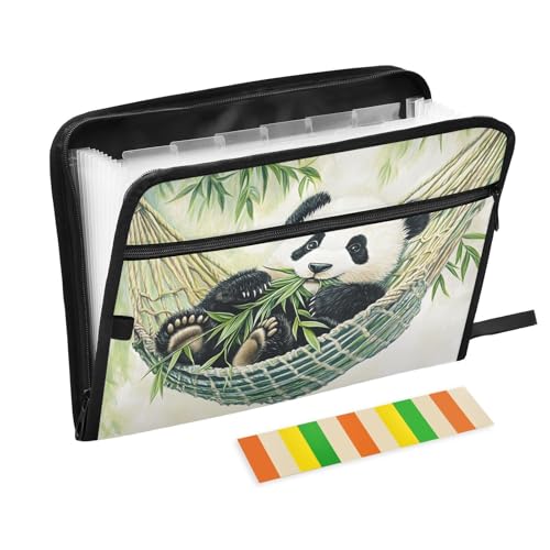 Quteprint Fächermappe mit 13 Fächern, mit Reißverschluss, niedlicher Panda, Bambus-Akkordeon-Aktenordner mit Klebeetiketten, A4-Papier, erweiterbarer Dokumenten-Organizer von Quteprint