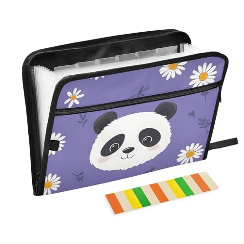 Quteprint Fächermappe mit 13 Fächern, mit Reißverschluss, niedlicher Panda-Gänseblümchen-Akkordeon-Aktenordner mit Klebeetiketten, A4-Papier, erweiterbarer Dokumenten-Organizer von Quteprint