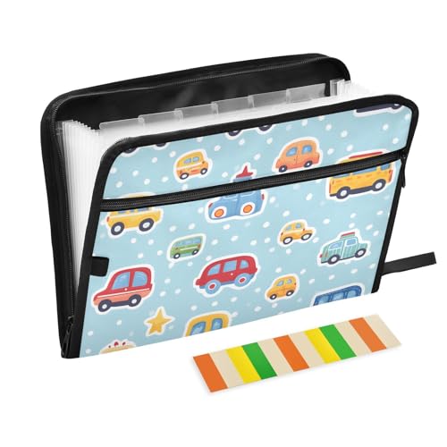 Quteprint Fächermappe mit 13 Fächern, mit Reißverschluss, niedliches Cartoon-Autos, Akkordeon-Aktenordner mit Klebeetiketten, A4-Papier, erweiterbarer Dokumenten-Organizer von Quteprint
