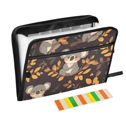 Quteprint Fächermappe mit 13 Fächern, mit Reißverschluss, niedliches Koala-Herbstblätter, Akkordeon-Aktenordner mit Klebeetiketten, A4-Papier, erweiterbarer Dokumenten-Organizer von Quteprint