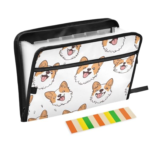 Quteprint Fächermappe mit 13 Fächern, mit Reißverschluss, niedliches lustiges Hundegesicht, Akkordeon-Aktenordner mit Klebeetiketten, A4-Papier, erweiterbarer Dokumenten-Organizer von Quteprint