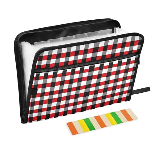 Quteprint Fächermappe mit 13 Fächern, mit Reißverschluss, rot / schwarz, kariert, Akkordeon-Aktenordner mit Klebeetiketten, A4-Papier, erweiterbarer Dokumenten-Organizer von Quteprint