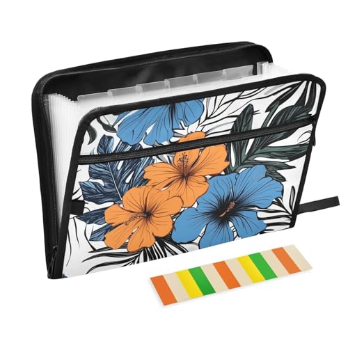 Quteprint Fächermappe mit 13 Fächern, mit Reißverschluss, tropische Blätter, Blumen, Akkordeon-Aktenordner mit Klebeetiketten, A4-Papier, erweiterbarer Dokumenten-Organizer von Quteprint