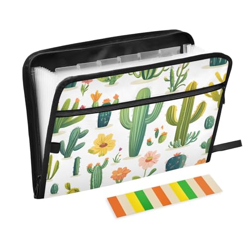 Quteprint Fächermappe mit 13 Fächern, mit Reißverschluss, tropische Kaktusblumen, Akkordeon-Aktenordner mit Klebeetiketten, A4-Papier, erweiterbarer Dokumenten-Organizer von Quteprint