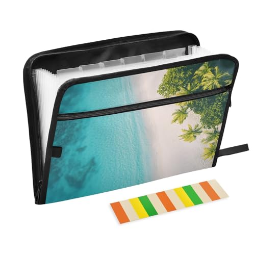 Quteprint Fächermappe mit 13 Fächern, mit Reißverschluss, tropische Strandpalmen, Akkordeon-Aktenordner mit Klebeetiketten, A4-Papier, erweiterbarer Dokumenten-Organizer von Quteprint