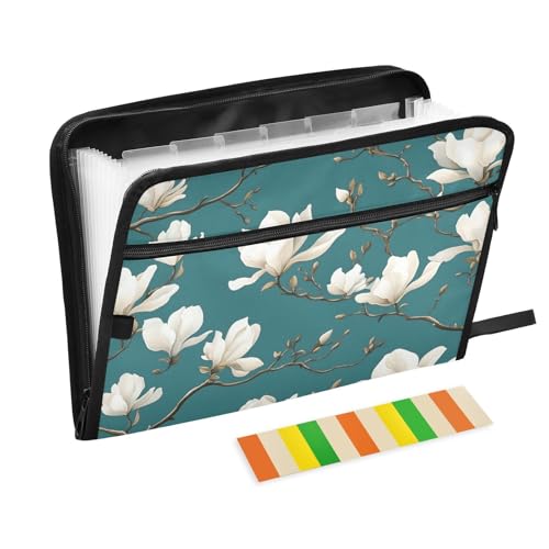 Quteprint Fächermappe mit 13 Fächern, mit Reißverschluss, weiße Magnolien-Blumen, Akkordeon-Aktenordner mit Klebeetiketten, A4-Papier, erweiterbarer Dokumenten-Organizer von Quteprint