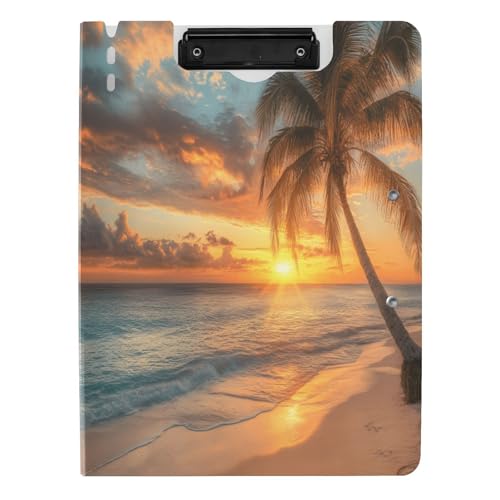 Quteprint Faltbares Klemmbrett, Ozean, Meer, Strand, Palme, A4, Aktenordner Klemmbrett mit doppelten Metall-Clips, Stiftschlitz – wasserabweisend, Dokumenten-Organizer, Akten-Klemmbretter für Büro von Quteprint